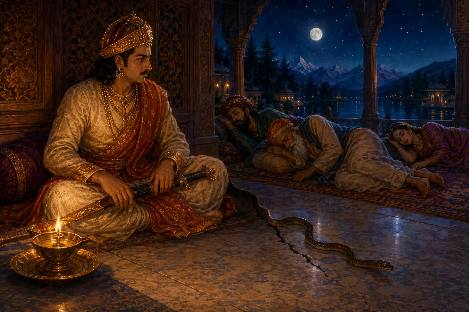 The young king keeps watch beside a single lamp as a snake slips from a crack toward the sleeping chamber