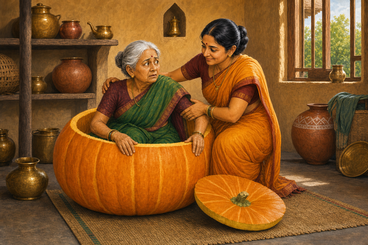 The daughter helps her mother into a giant hollow pumpkin