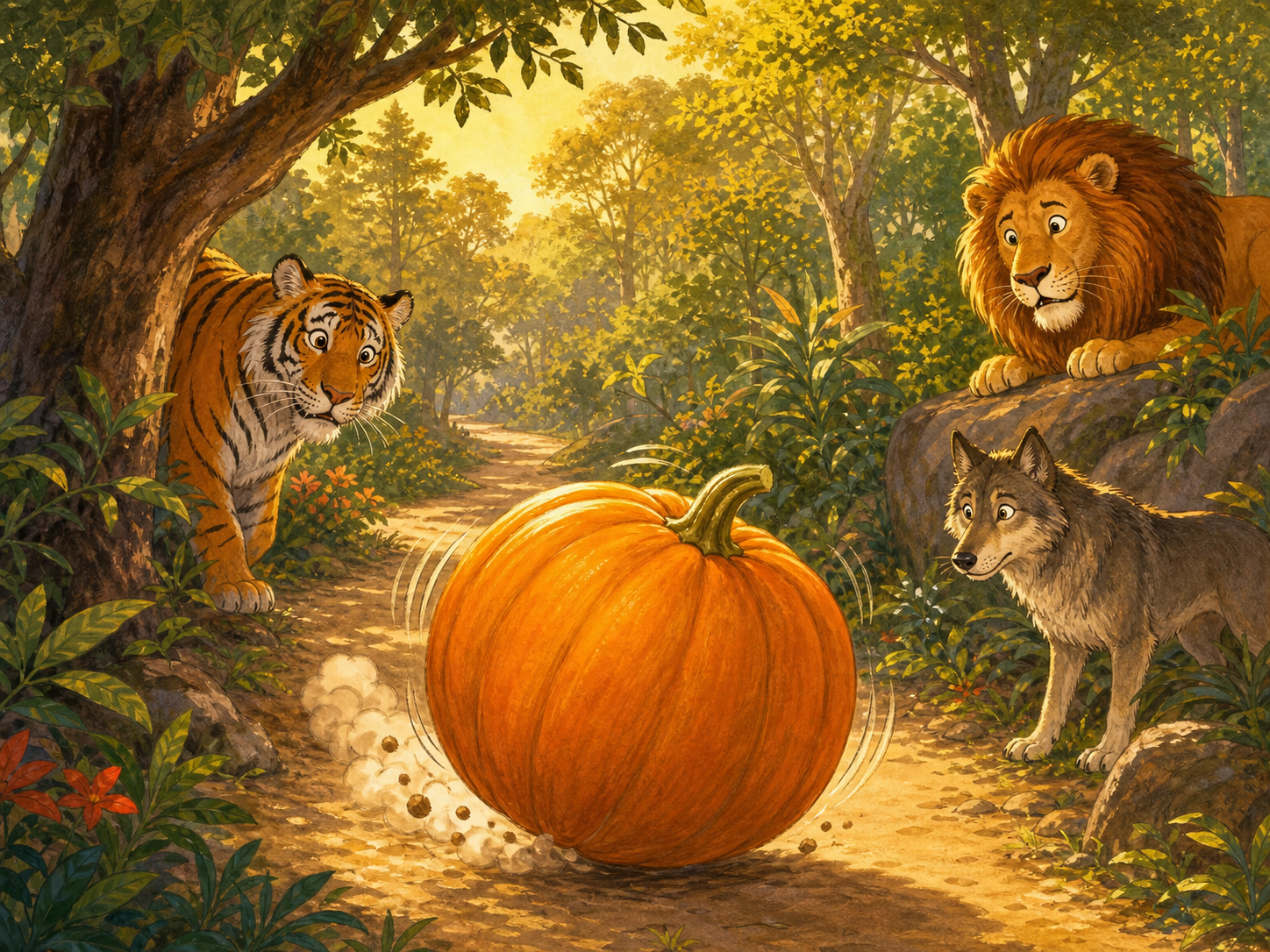 A tiger lion and wolf watch the bouncing pumpkin in surprise