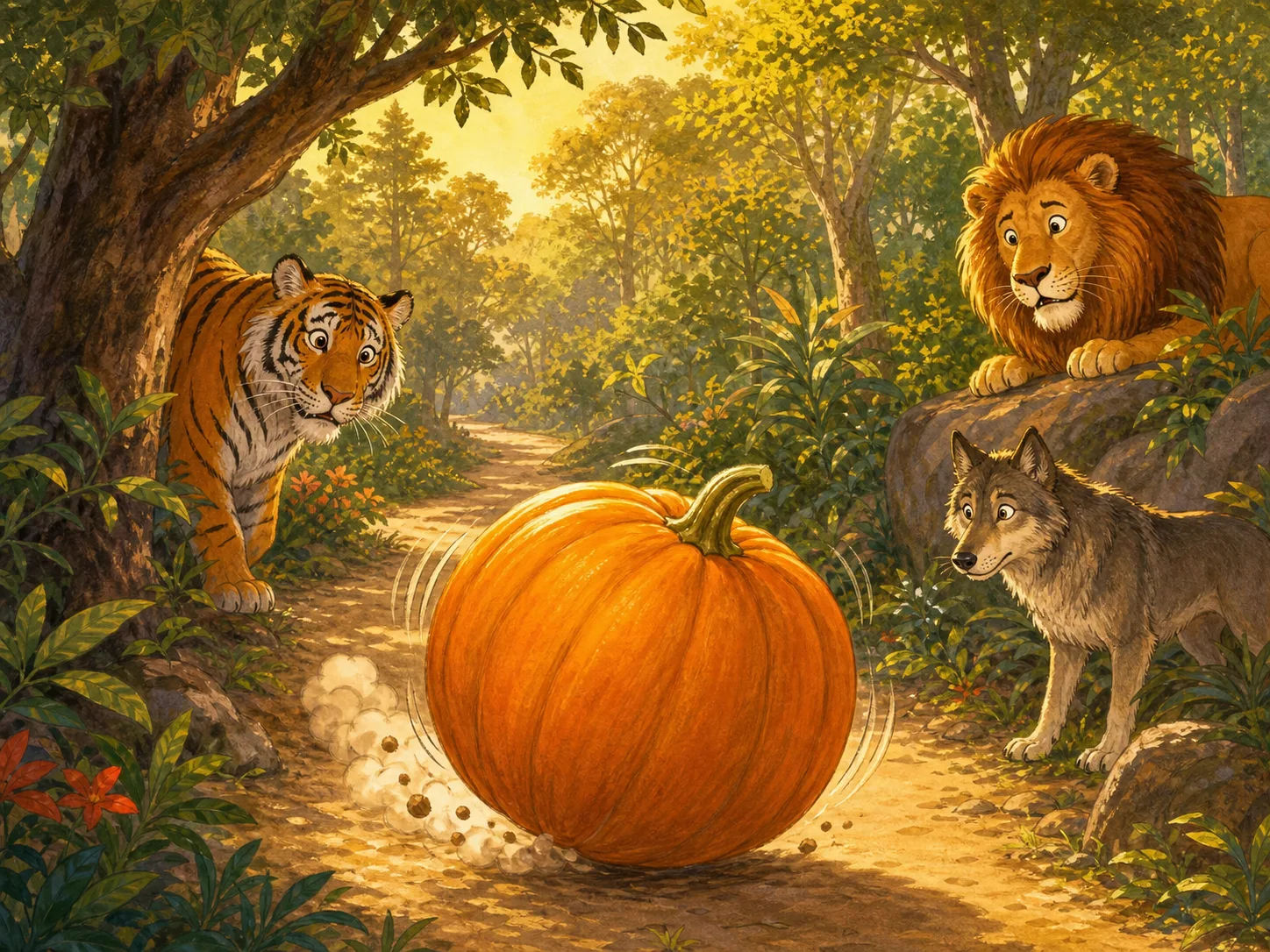 A tiger lion and wolf watch the bouncing pumpkin in surprise