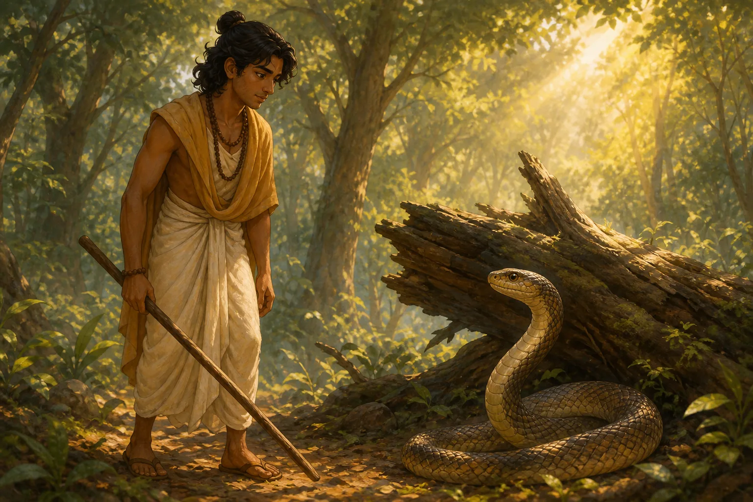 Ruru lowers his staff as the serpent's form shimmers and changes into an elderly sage.