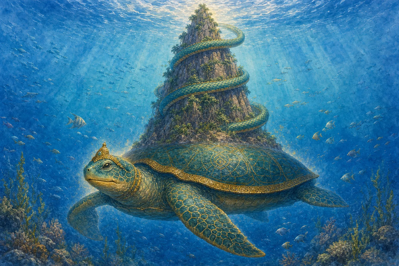 Vishnu, in his giant tortoise form Kurma, supports Mount Mandara on his back as the churning begins