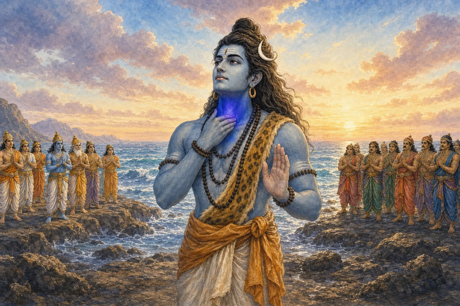 Shiva's throat turns deep blue after he drinks the poison Halahala to protect creation