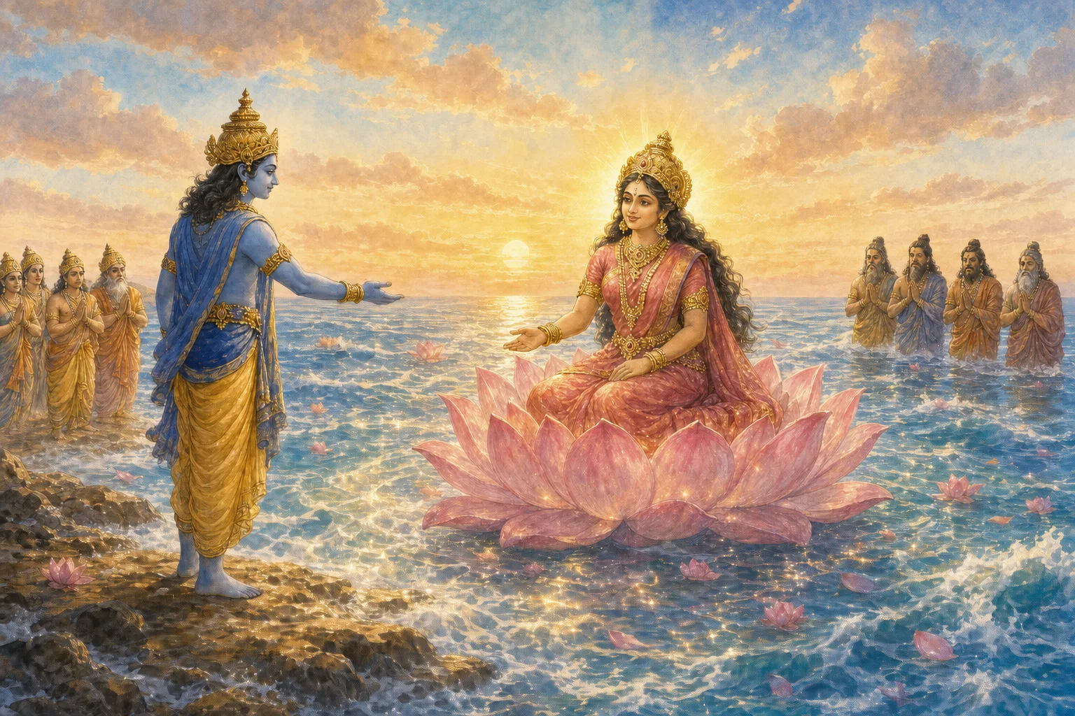 Goddess Lakshmi rises from the ocean seated on a lotus and chooses Vishnu as her companion