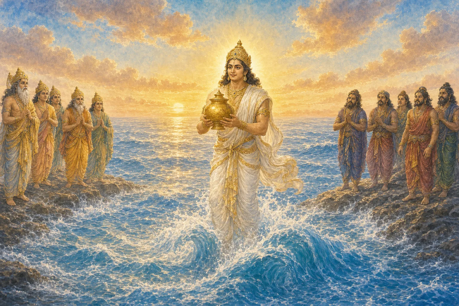 Dhanvantari rises from the ocean carrying the vessel filled with Amrit