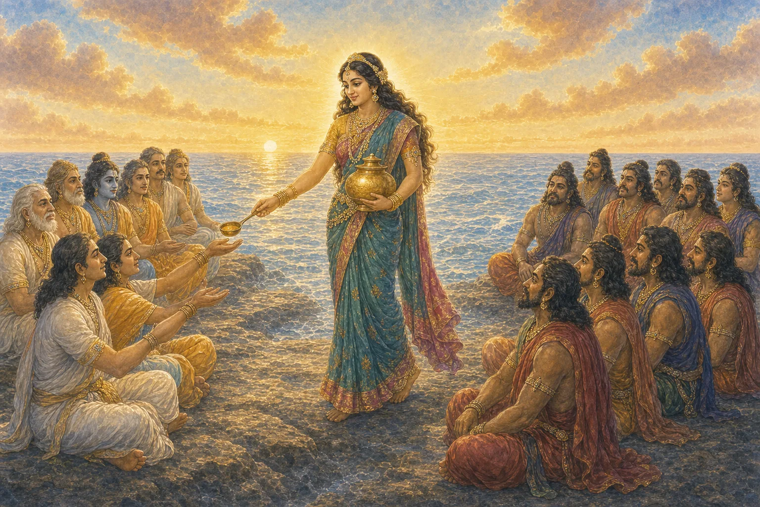 Mohini serves the Amrit to the devas seated in their row