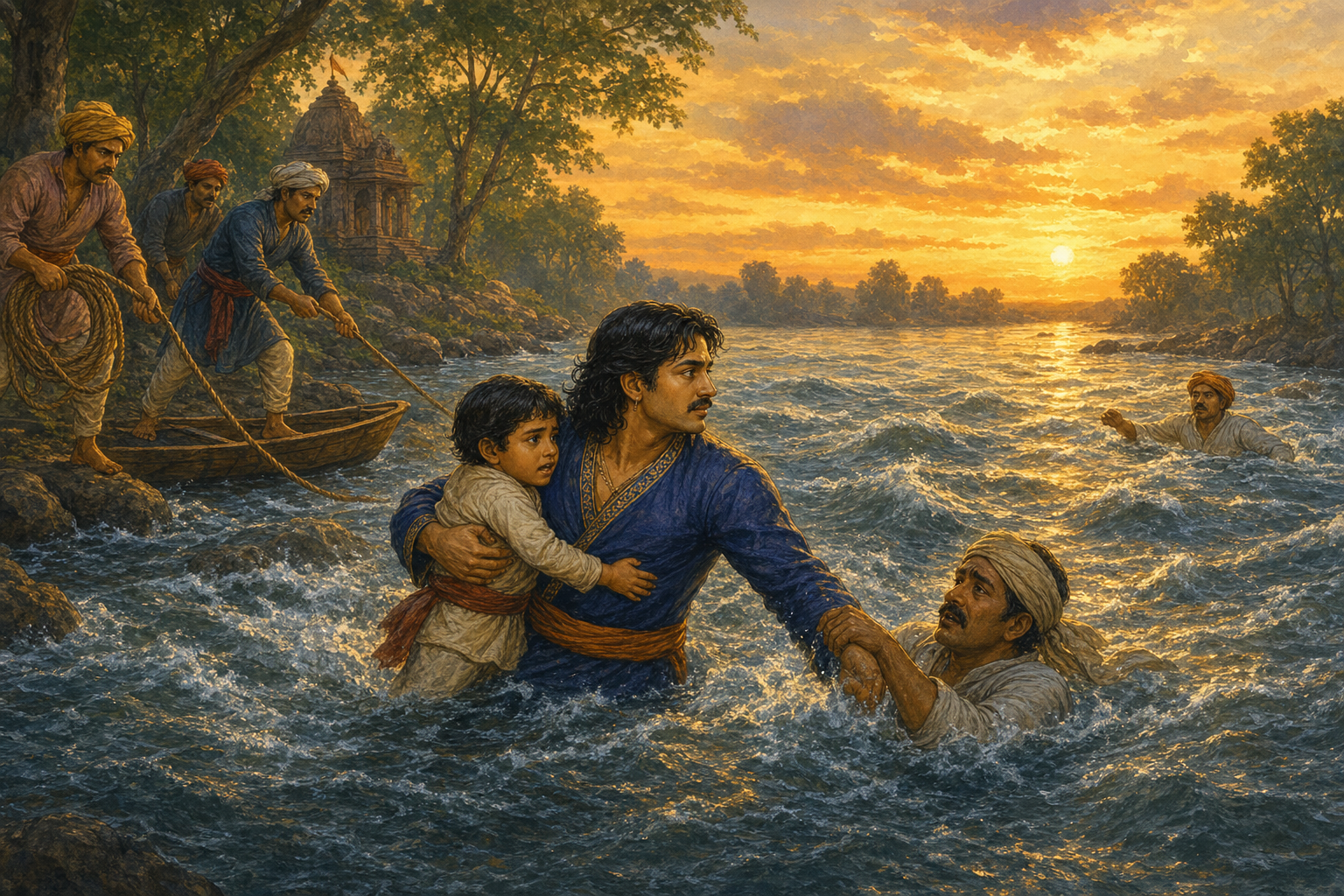 Vikram and his magical helpers rescue the family from the fast river