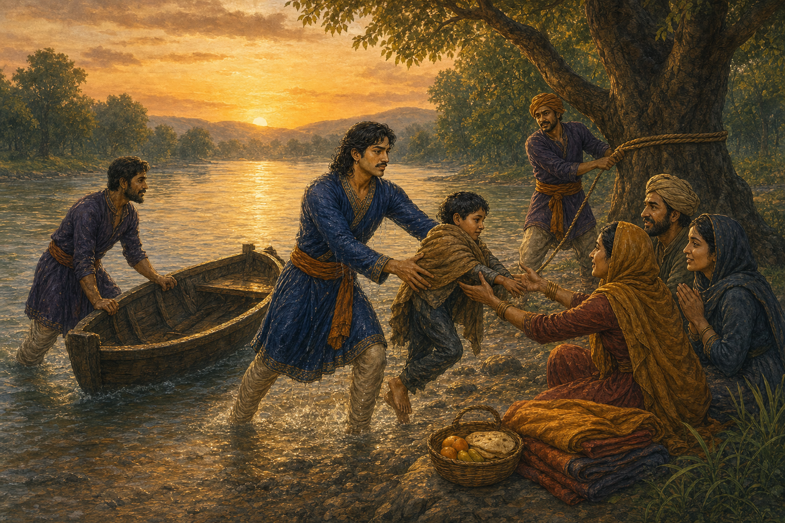 Vikram and his companions assist the rescued family on the riverbank