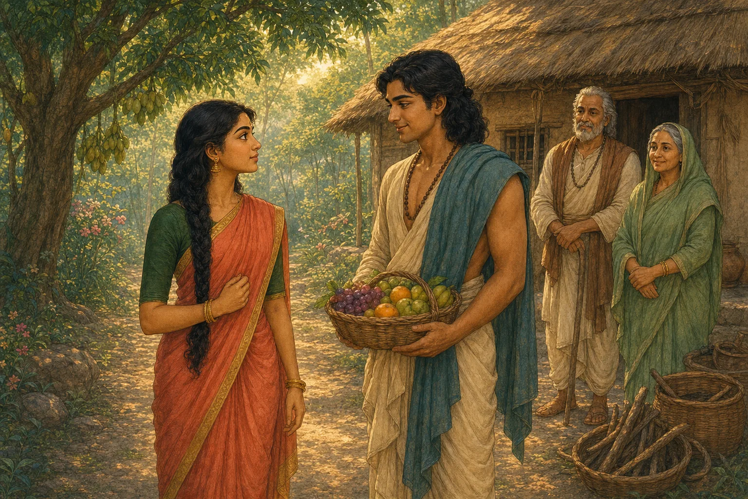 Savitri meets Satyavan in the forest hermitage and later tells her parents she has chosen him