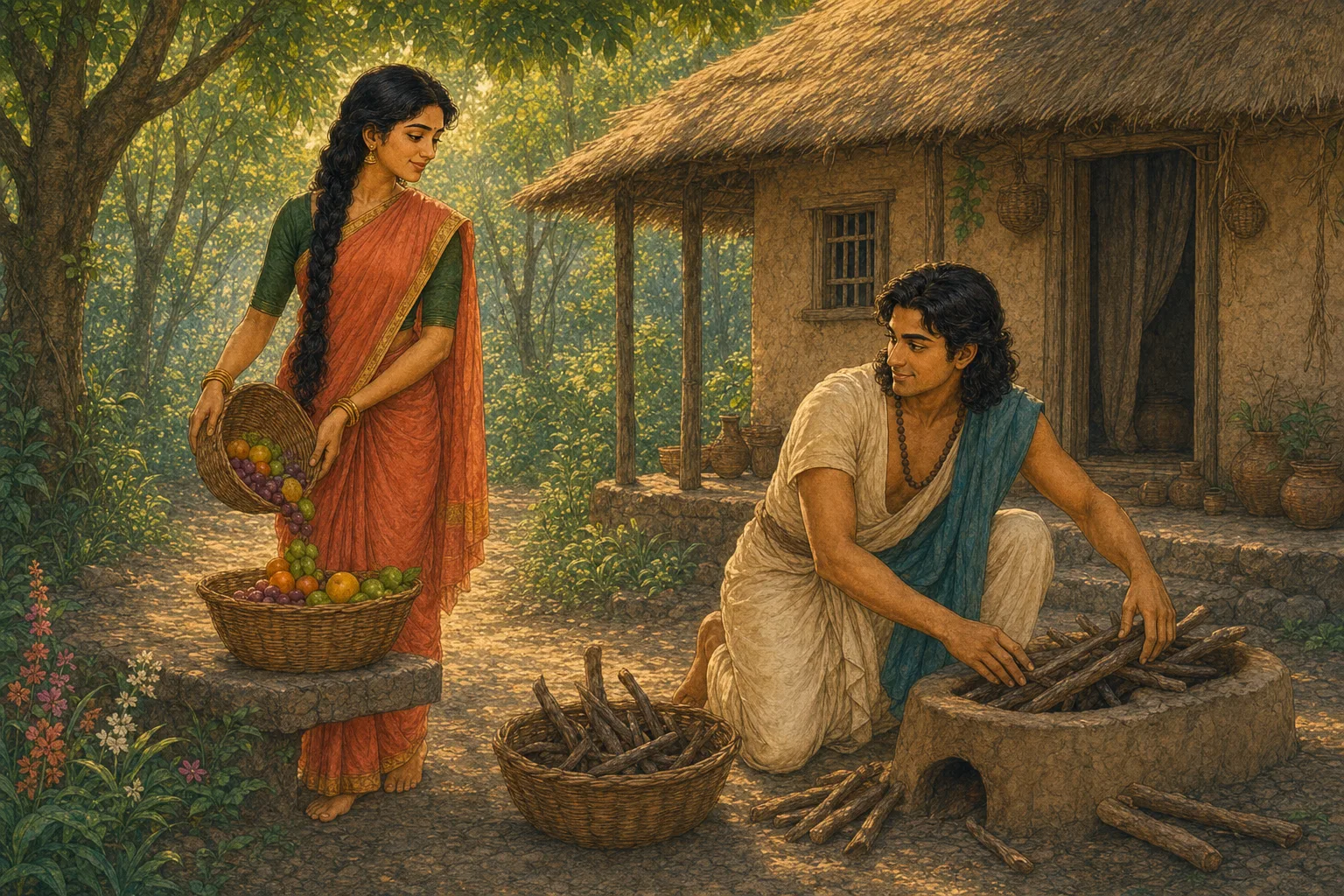 Savitri cares for Dyumatsena and his wife in the forest hermitage, mindful of Narada's warning