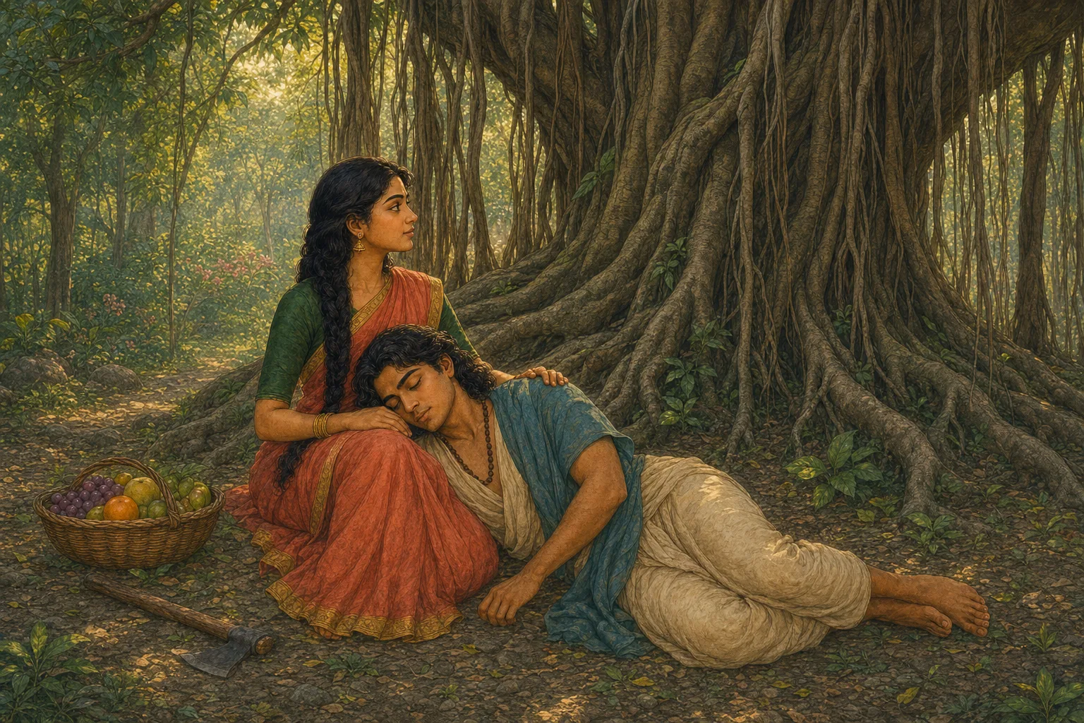 Savitri sits beneath the banyan tree with Satyavan's head resting in her lap, his breathing grown still