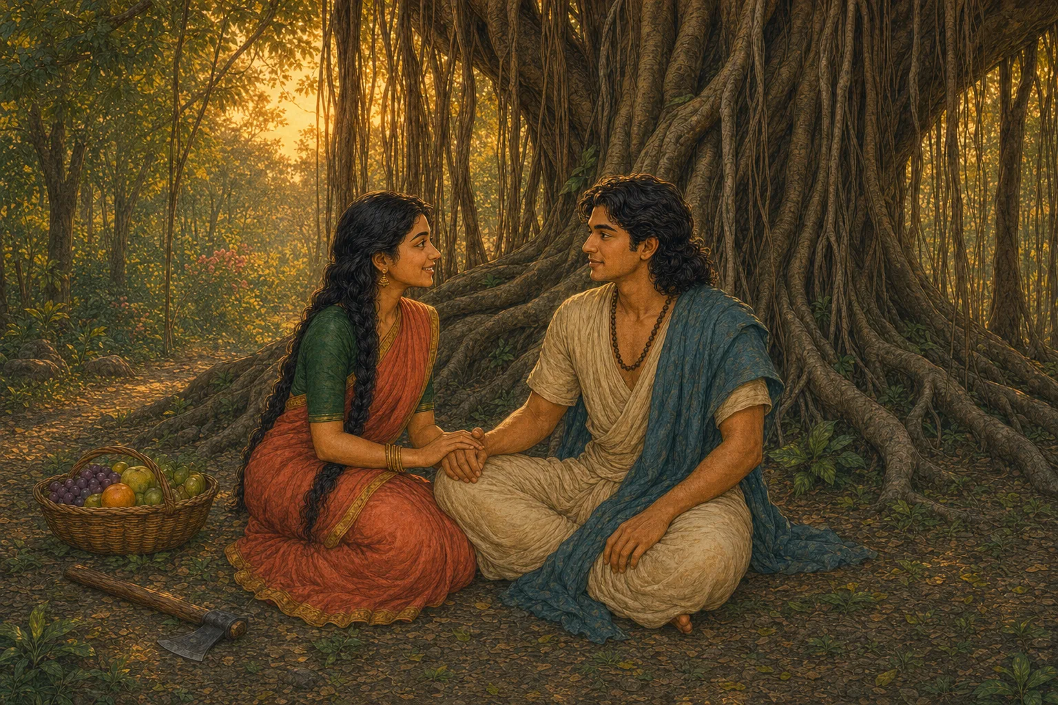 Satyavan wakes beneath the banyan tree as Savitri smiles with relief and tells him to come home