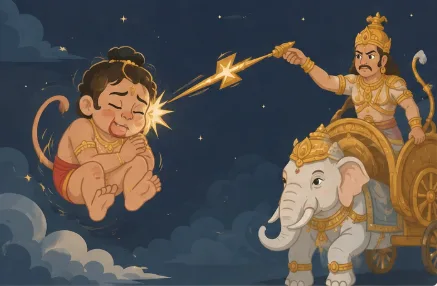 Little Maruti, struck by Indra's thunderbolt, falls from the sky