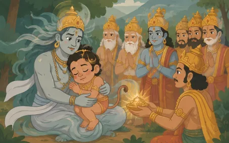 The gods gather around the healed baby as Brahma grants him gifts of strength and courage