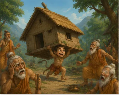 Little Hanuman mischievously lifts a sage's hut into the air
