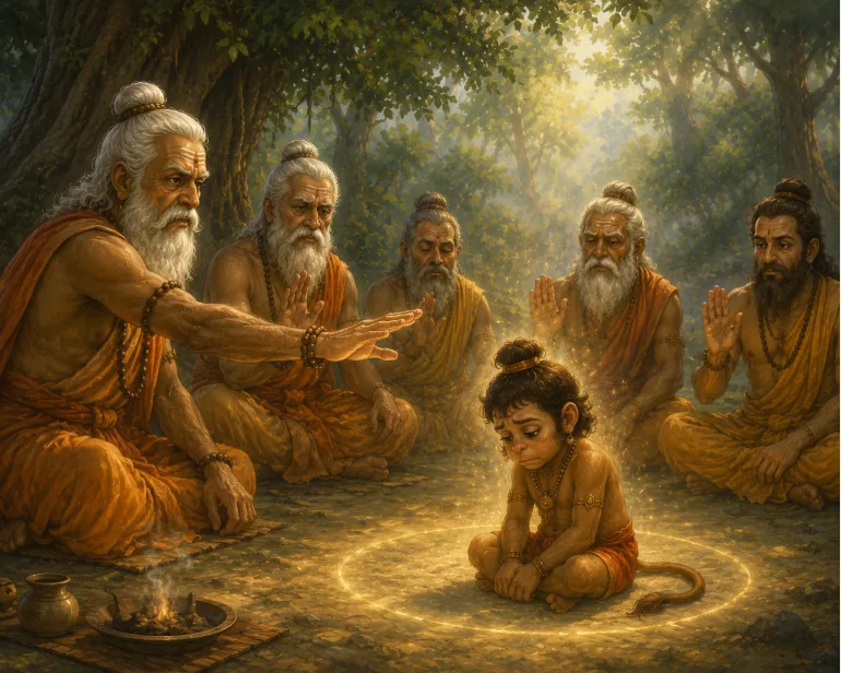 The wise sages gather to gently curse little Hanuman into forgetting his powers