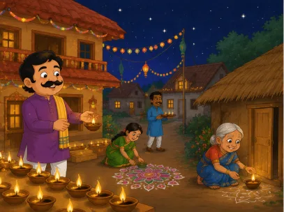 The old woman sits beside her one small clay diya outside her tiny hut