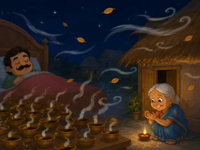 The old woman cups her wrinkled hands around her flame to shield it from the wind
