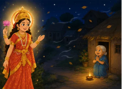 Goddess Lakshmi knocks on the old woman's door asking to rest for the night