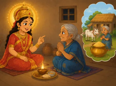 The old woman's hut now overflows with a full grain pot and an ever-glowing diya