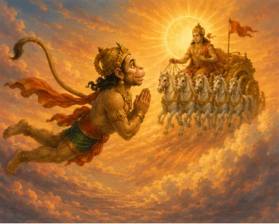 Hanuman flies backwards with folded hands, facing the Sun's chariot