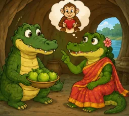 The crocodile's wife tastes the sweet guavas and demands the monkey's heart