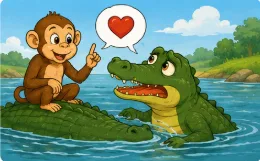 The quick-thinking monkey asks the crocodile to turn back toward the guava tree