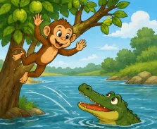 Safe on his branch, the monkey speaks to the ashamed crocodile in the water below