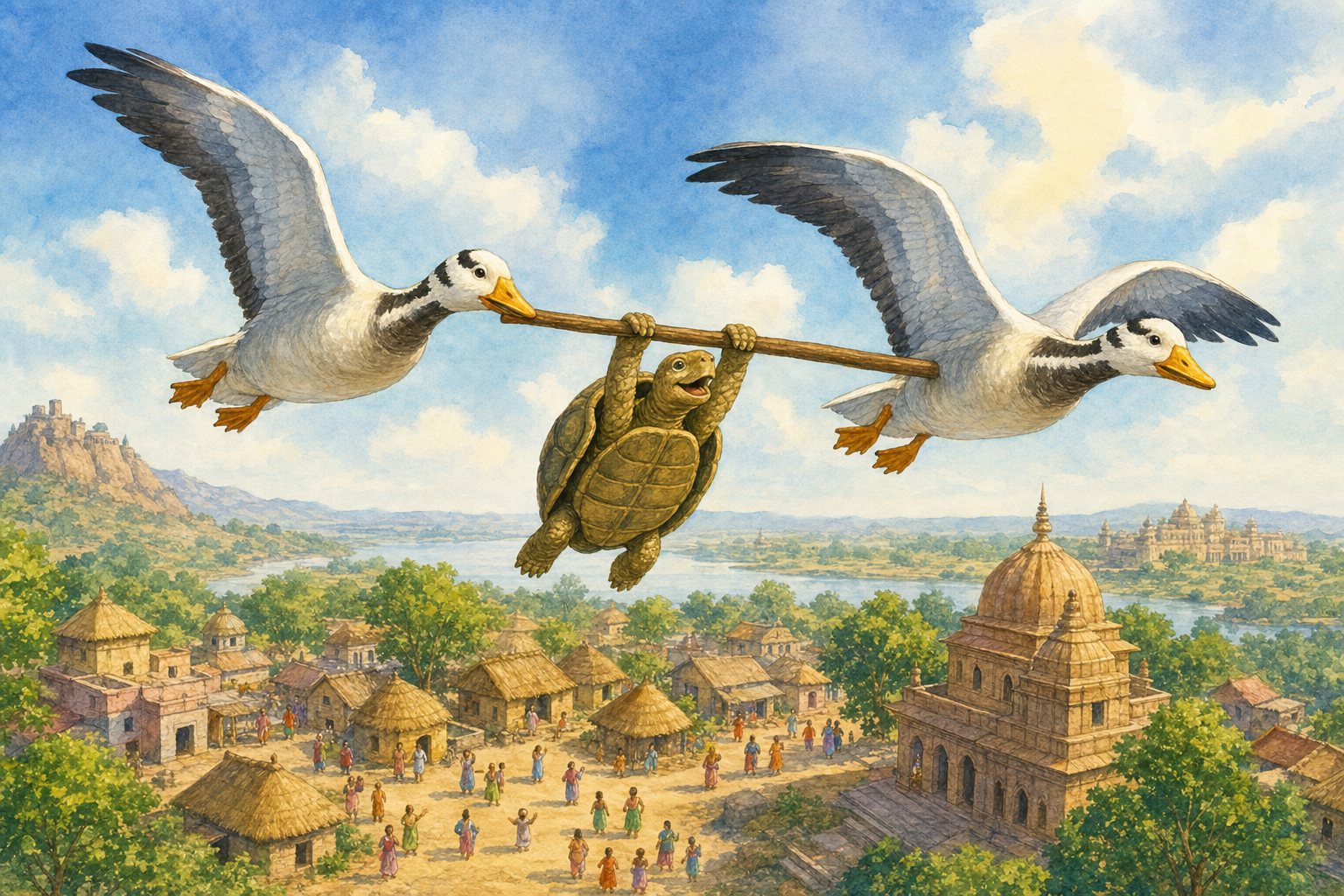 Two ganders flying with a wooden stick while Shell-Neck grips the middle above a village