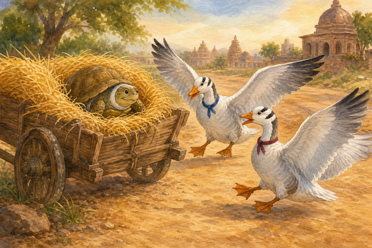 Shell-Neck safe but muddy in a hay cart, smiling sheepishly as his friends land beside him