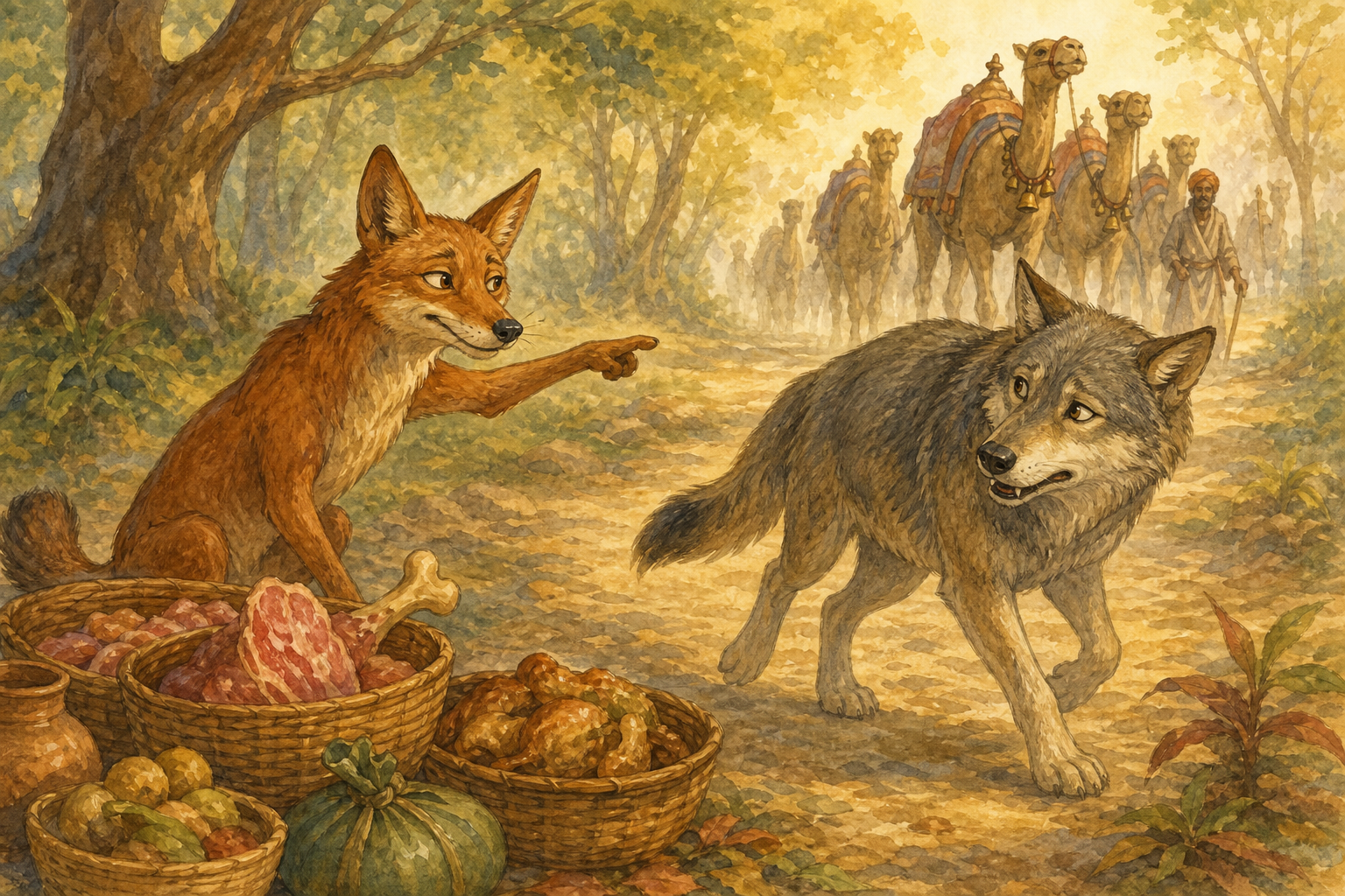 Smart sending Meat-Face away as caravan bells approach through dusty forest light