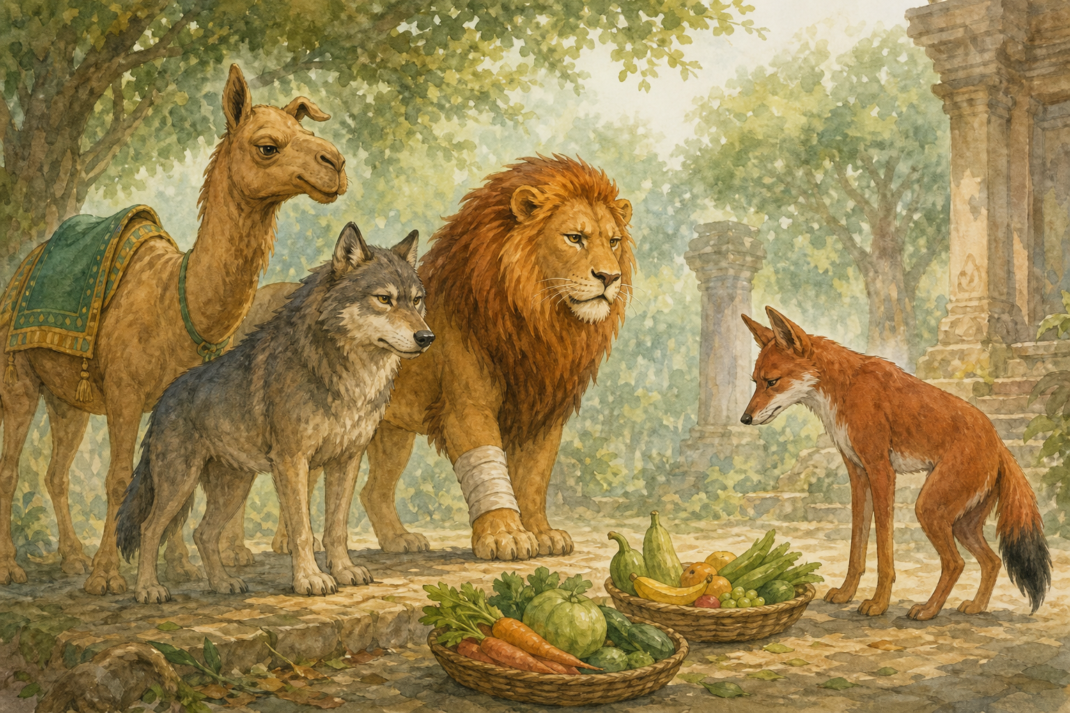Camel, wolf and lion confronting Smart beside untouched food baskets while the jackal stands ashamed