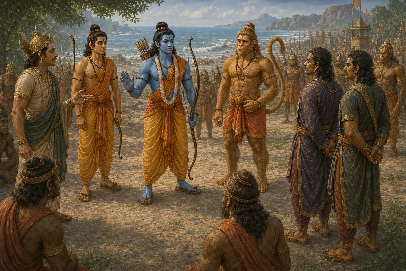 The captured spies Shuka and Sarana stand before Ram, who orders them released unharmed