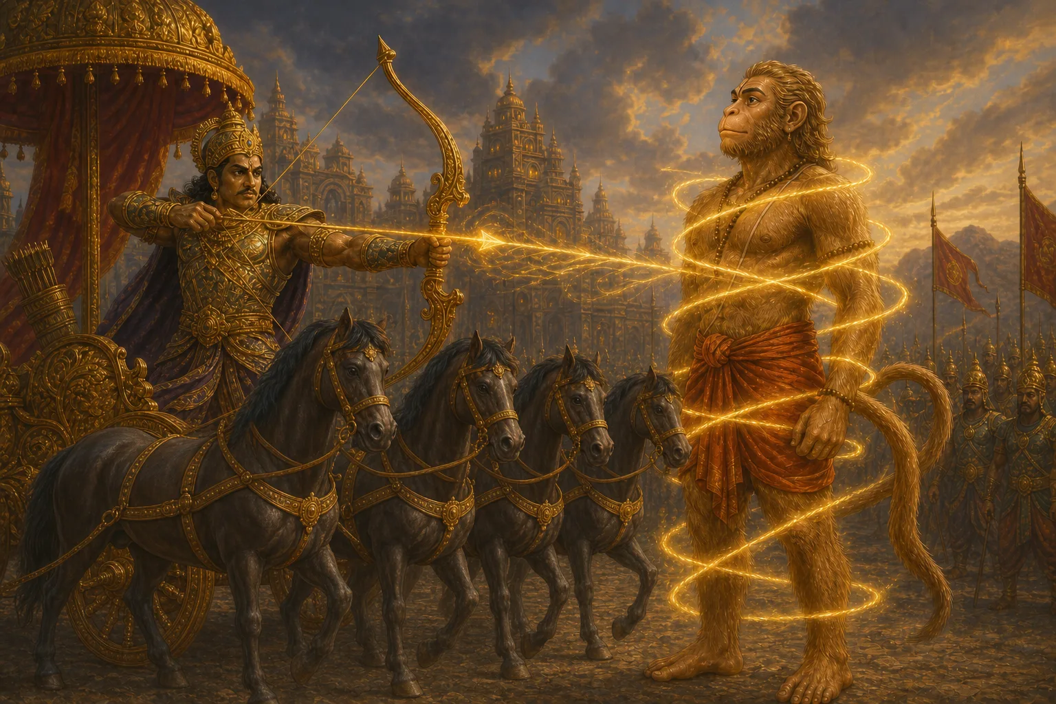 Indrajit's Brahma weapon binds Hanuman, who chooses to remain still and let himself be captured