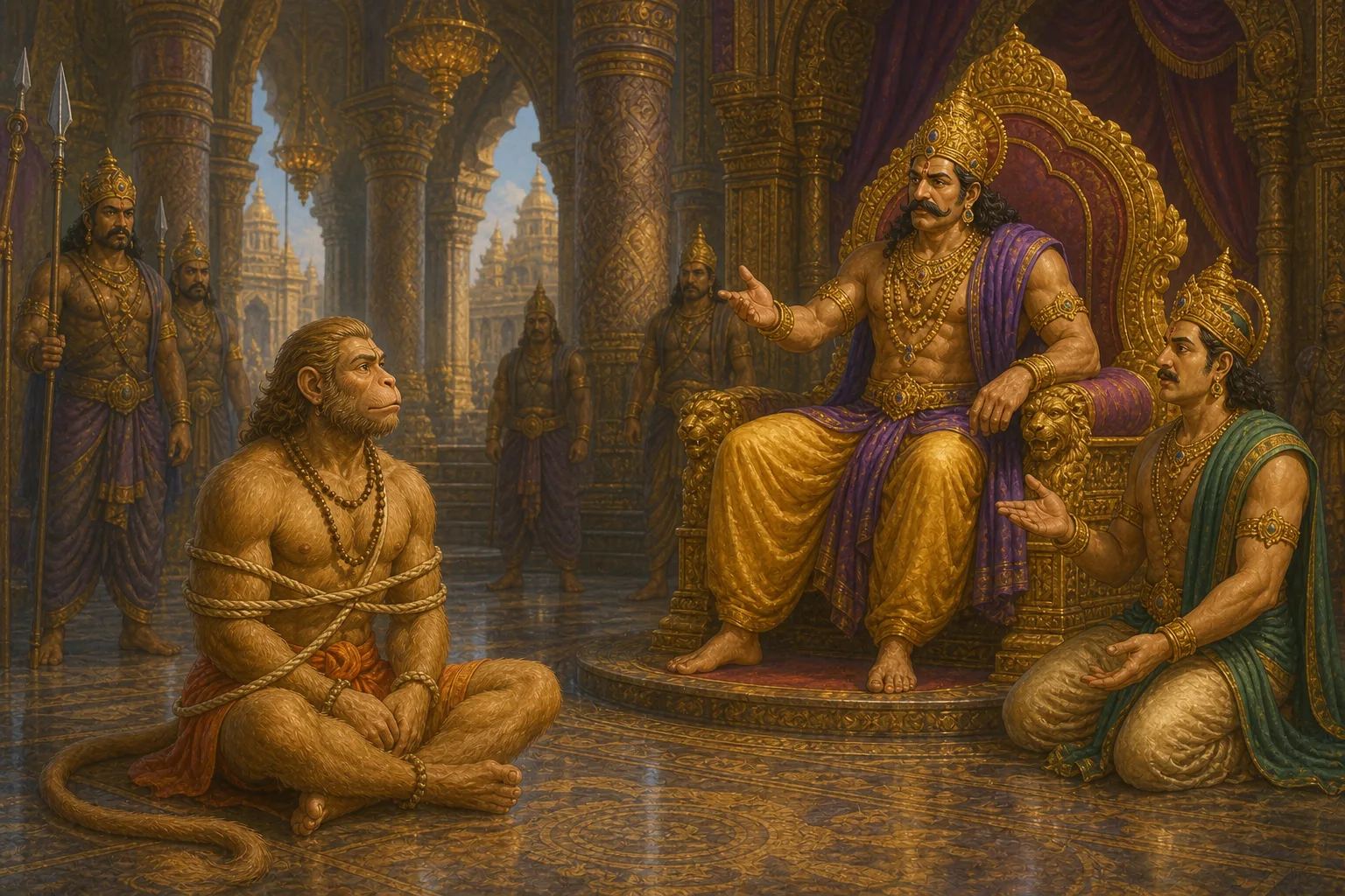 Bound before Ravana's throne, Hanuman declares himself Ram's messenger in the full court of Lanka