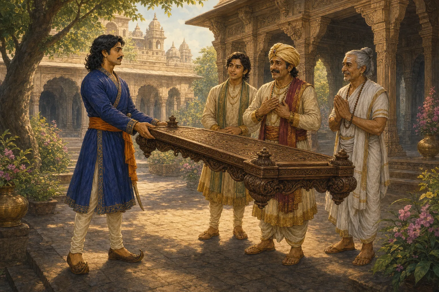 The merchant, Satsen, and the family priest set off on the flying platform toward the distant wedding.