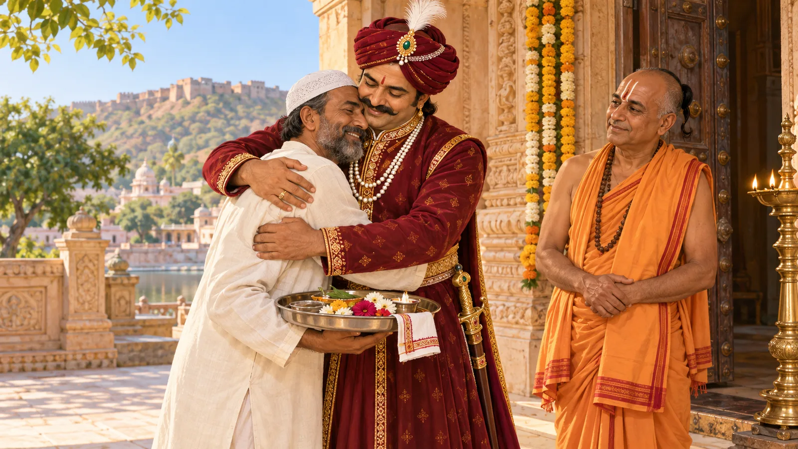 The king embraces Taj Khan as he returns the prasad tray to the temple.