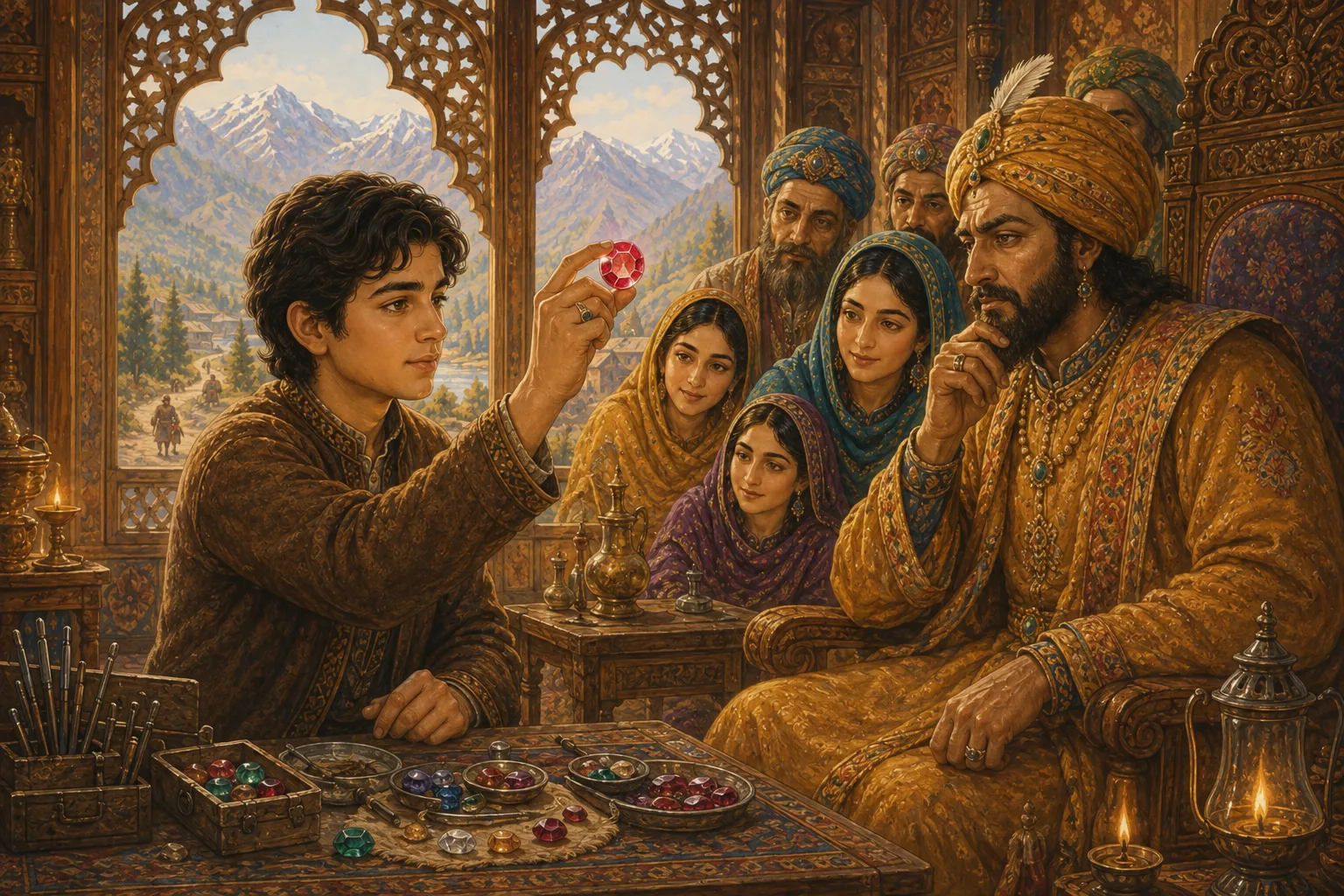 The young gem-cutter holds a great ruby to the window light and shows its hidden hollow to the king
