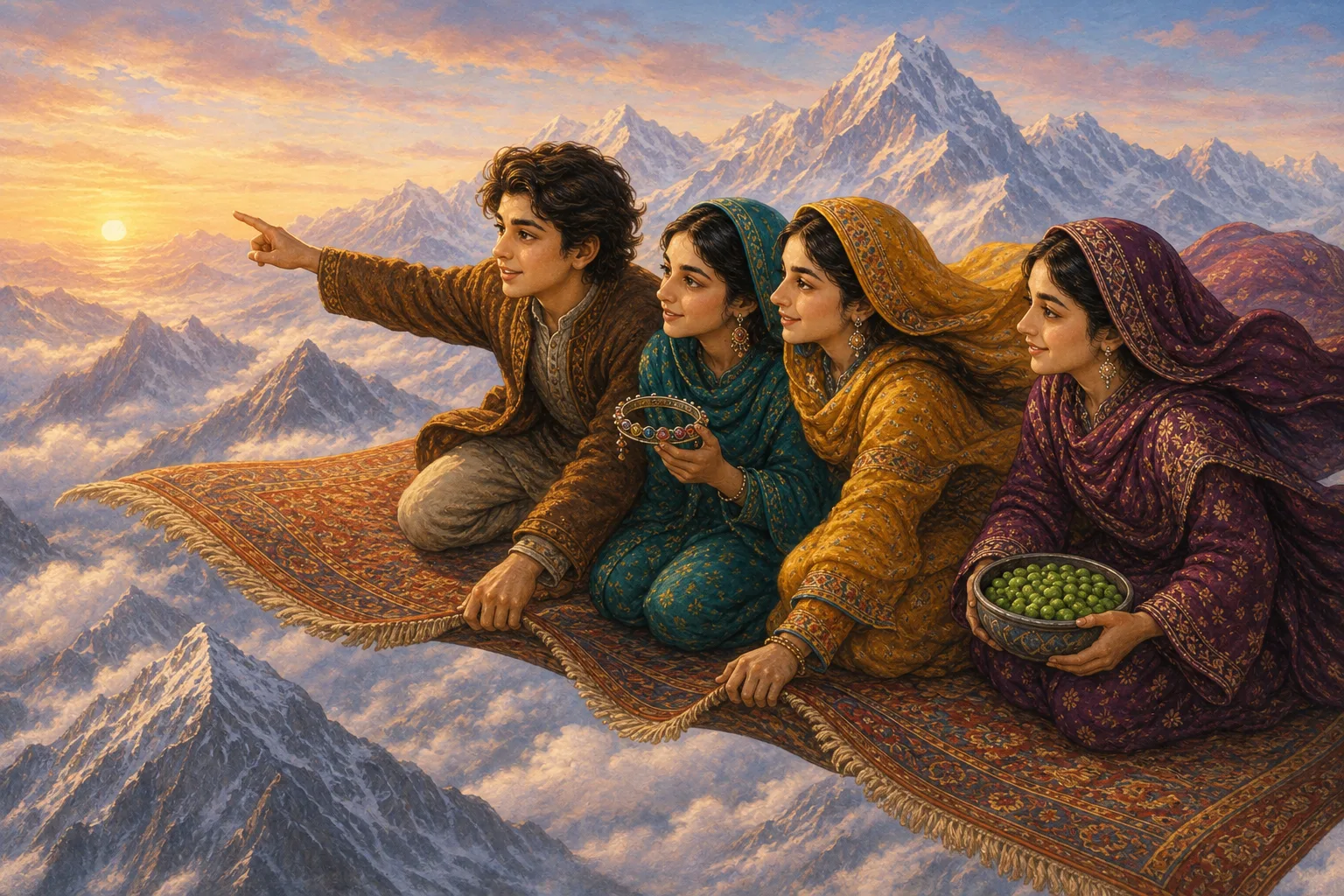 The young lapidary and his companions cross snowy mountains together on a woven flying carpet