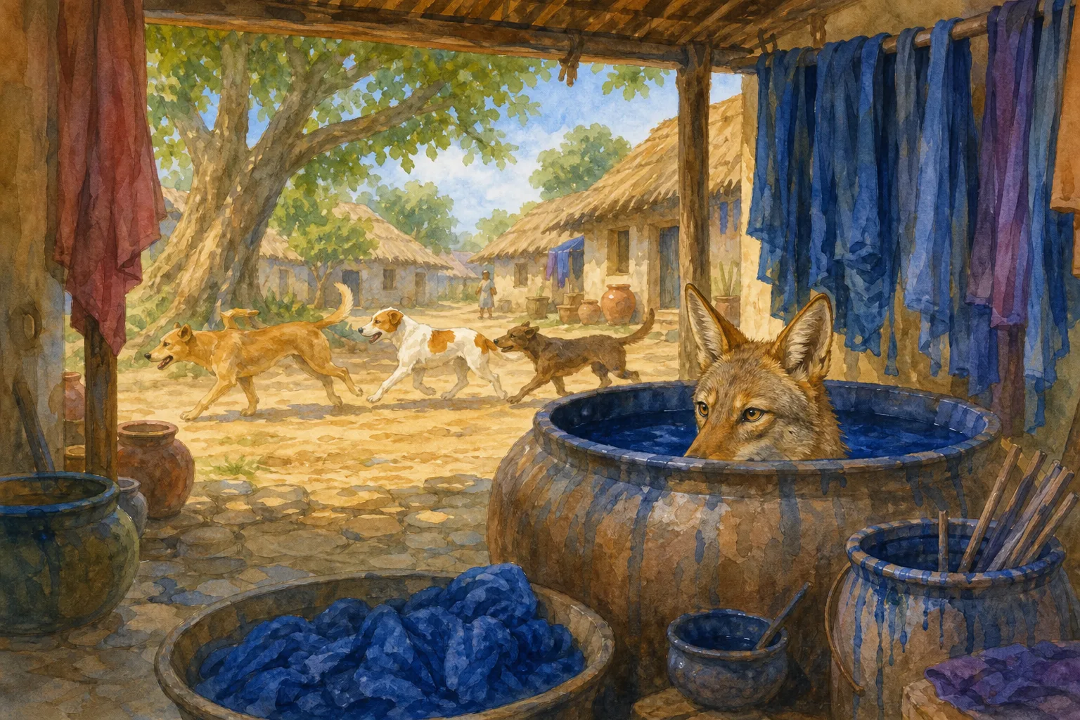 The jackal climbs out of the dyer's vat with his entire coat turned bright blue
