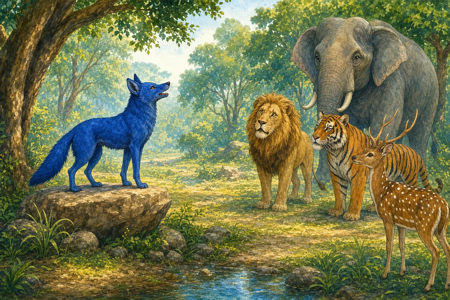 The lion stands guard and the tiger brings food as the blue jackal rules as the animals' self-declared king