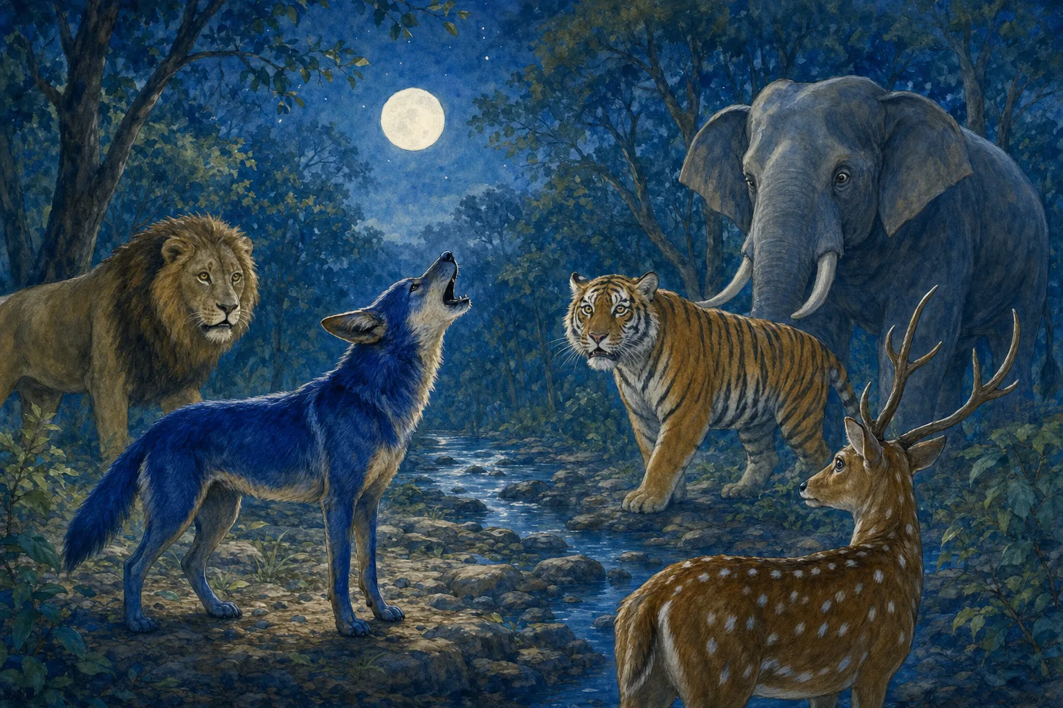 The blue jackal howls with joy while the startled lion, tiger, elephant, and deer recognize his true identity