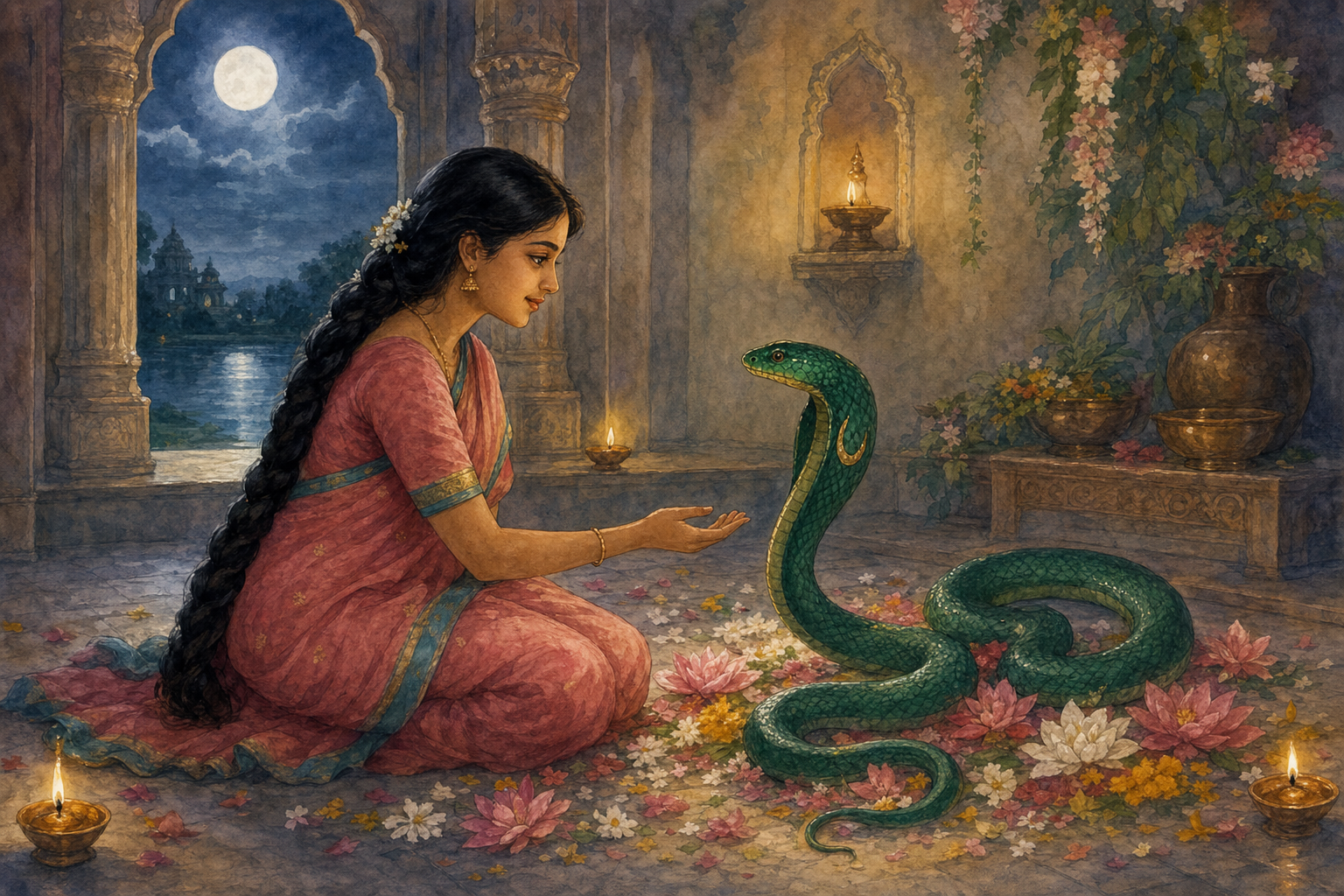 Young bride calmly meeting the serpent in a flower-decorated room as moonlight enters