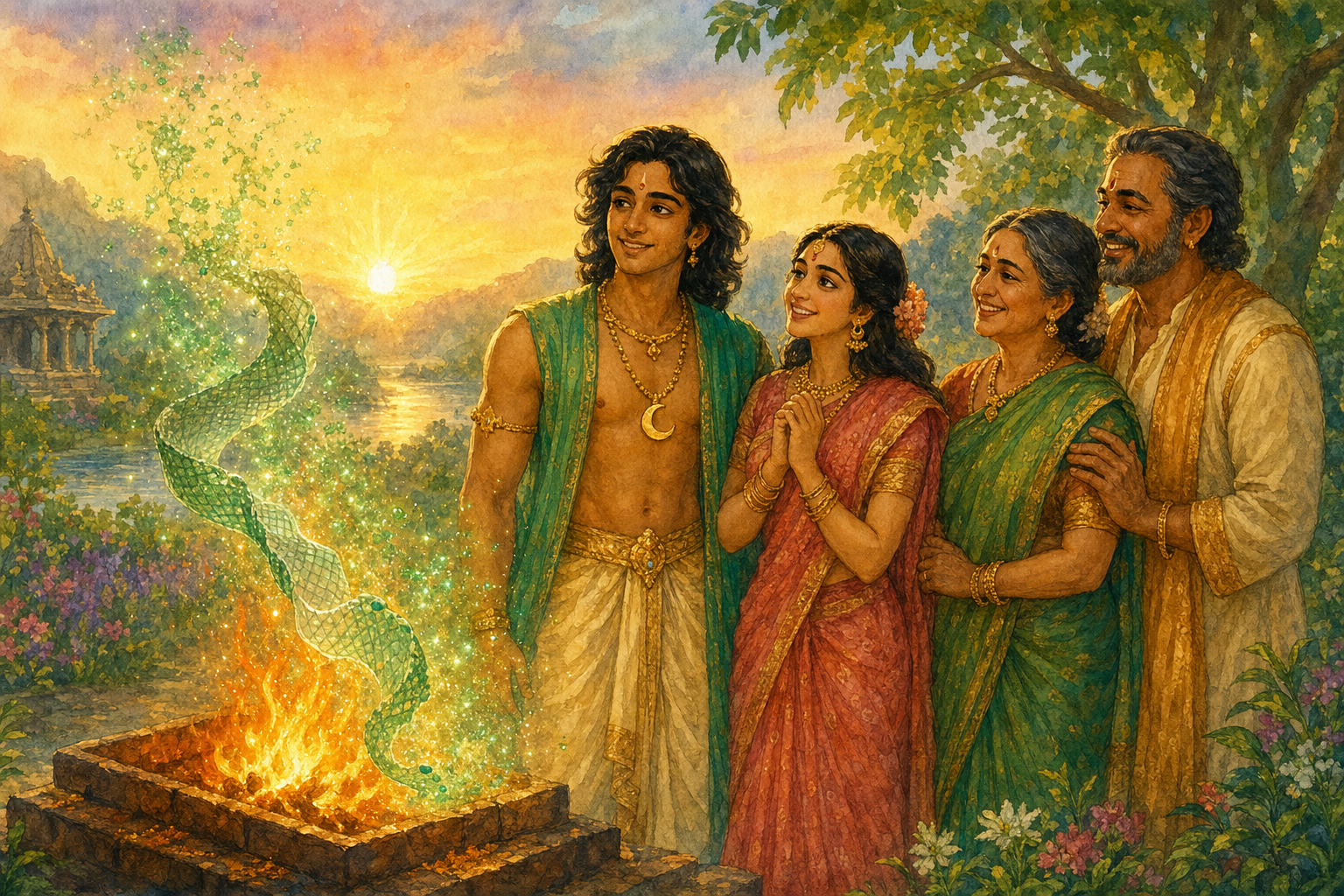 Serpent skin glowing away as the prince and bride stand with joyful parents at sunrise