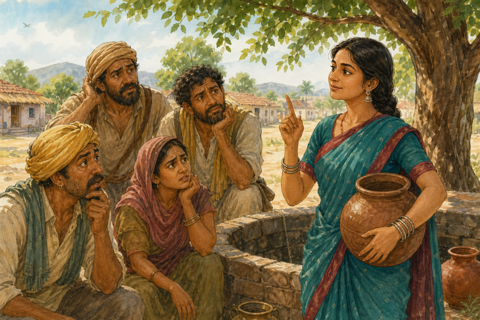 The clever daughter-in-law poses riddles to four travelers at the well