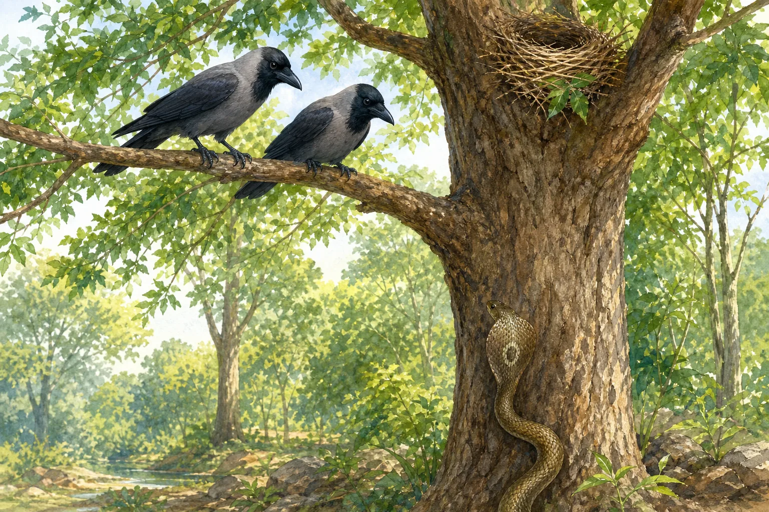 The snake climbs from its hollow in the roots toward the crows' empty nest high above