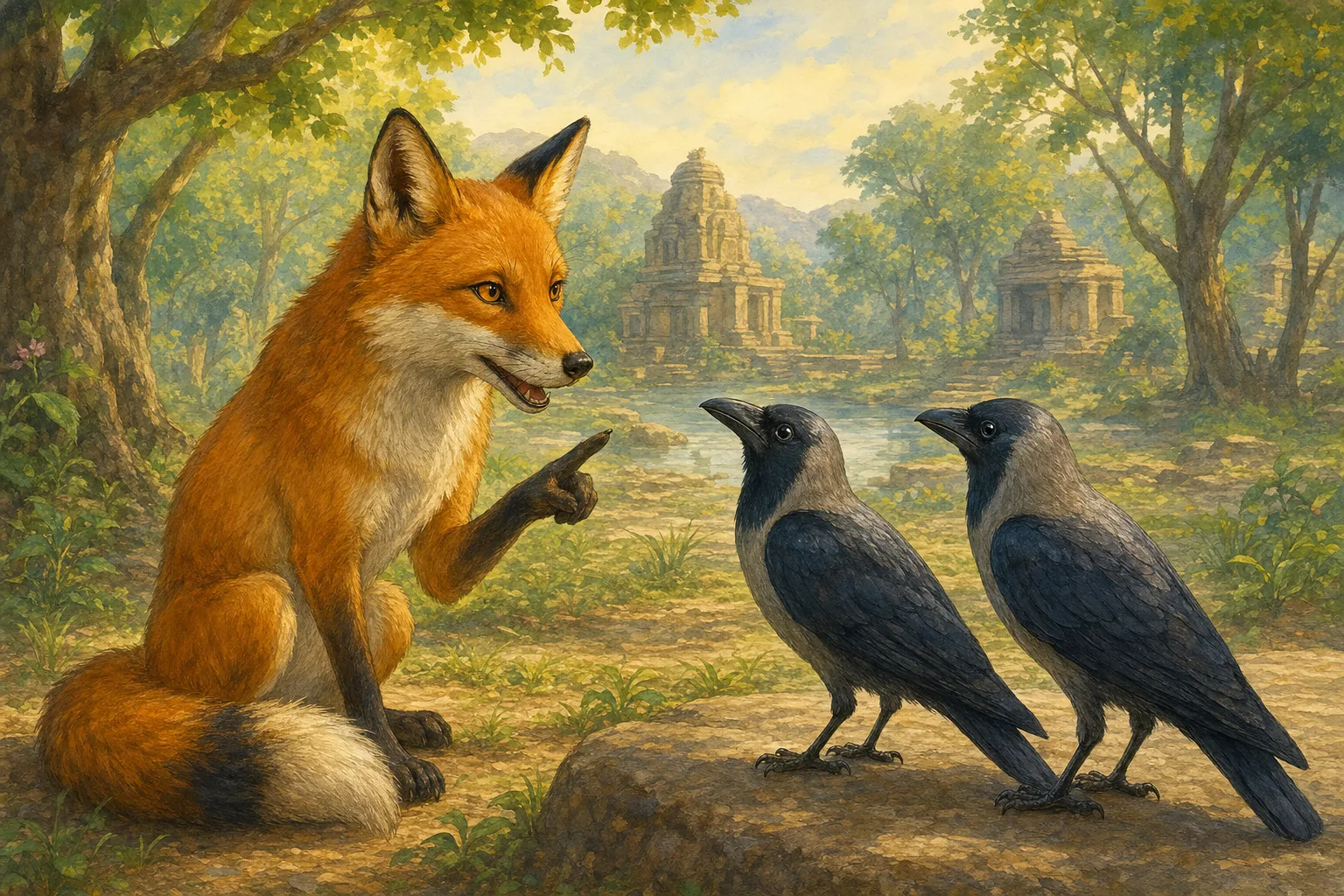 The fox whispers her plan to defeat the snake while the two crows listen closely