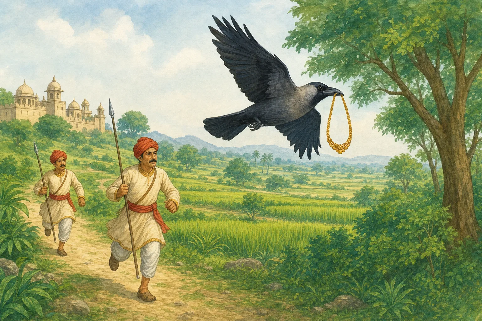 The crow flies with the gold necklace in his beak as the palace guards chase after him