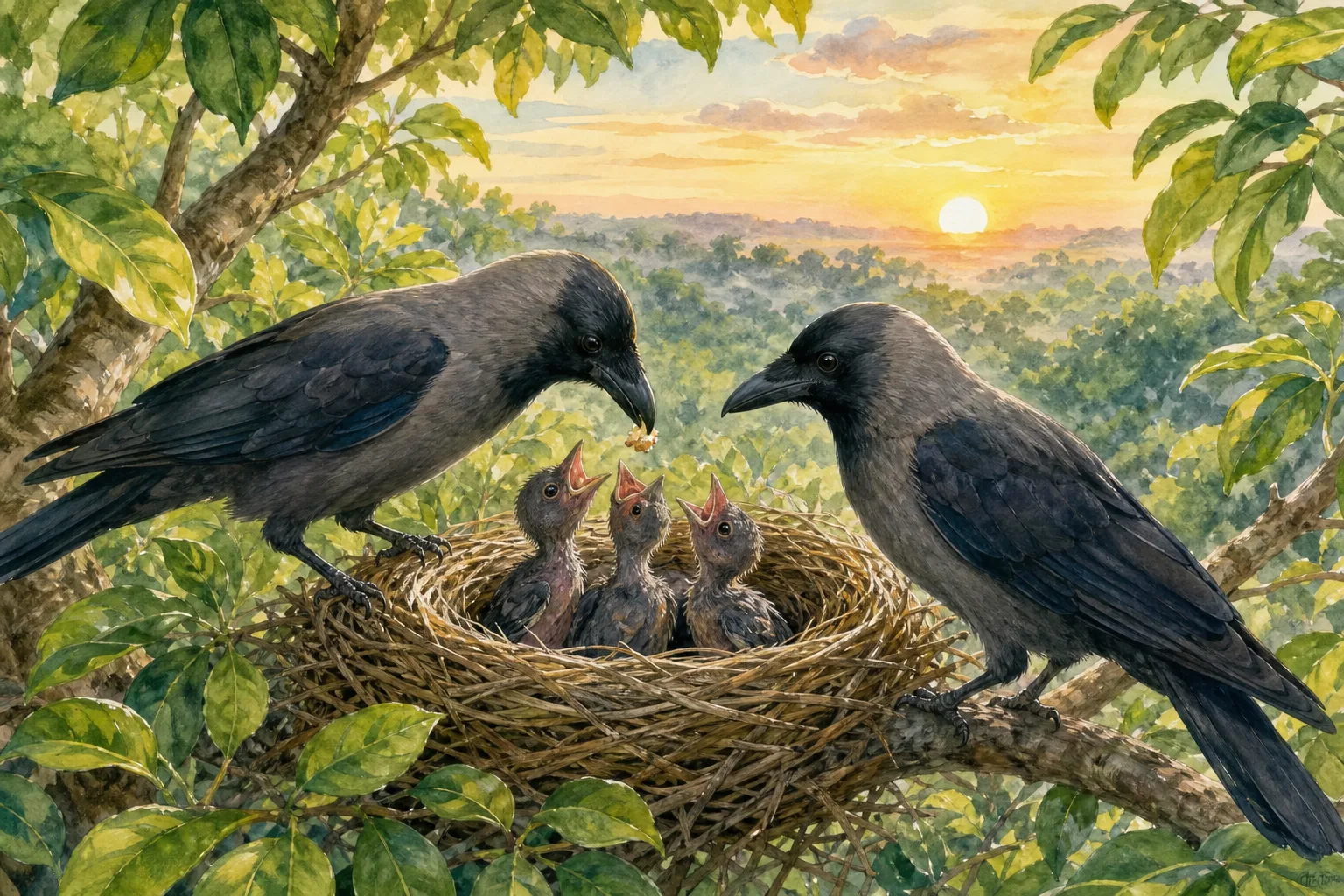 The crows' chicks grow safely in the nest beneath the sheltering leaves