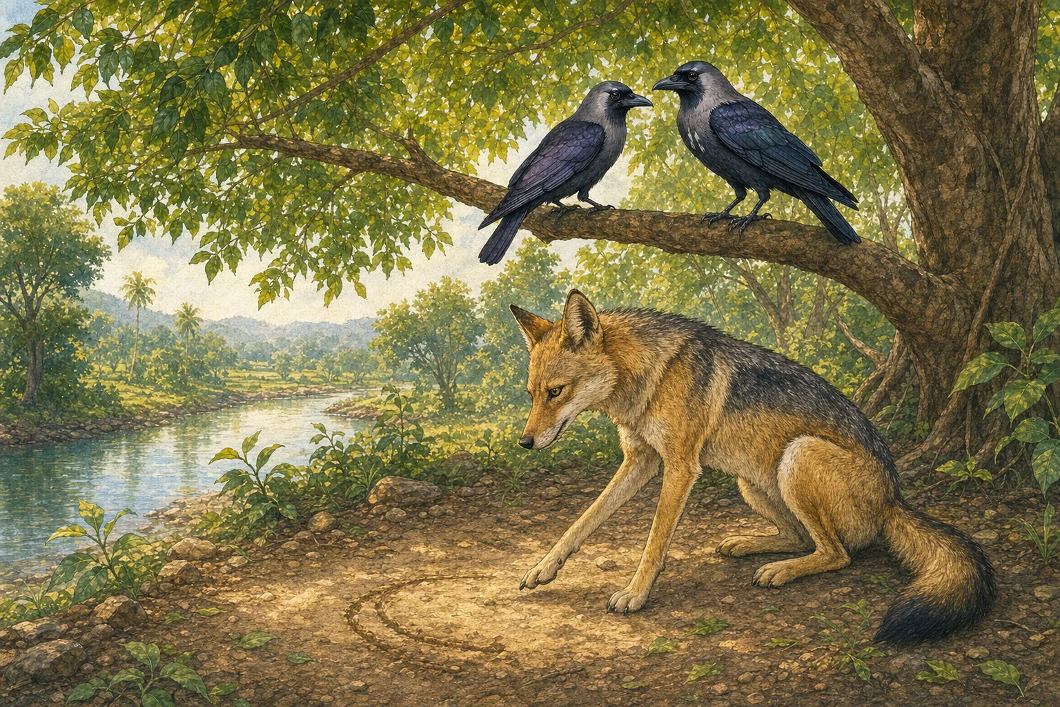 The jackal, head bowed in thought, explains his plan to rescue the nest